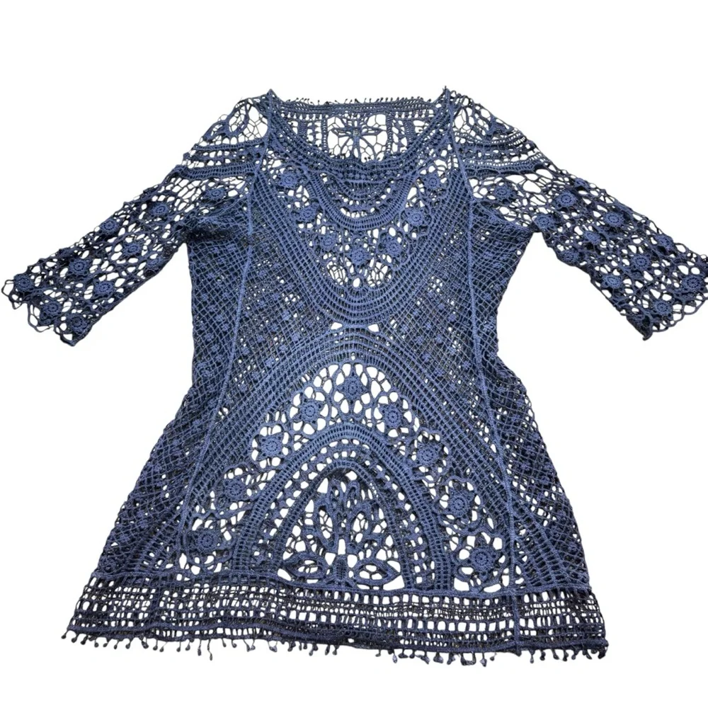 Ladies Purple Crochet Long Sleeve Swim‎ Cover Up Size Medium
